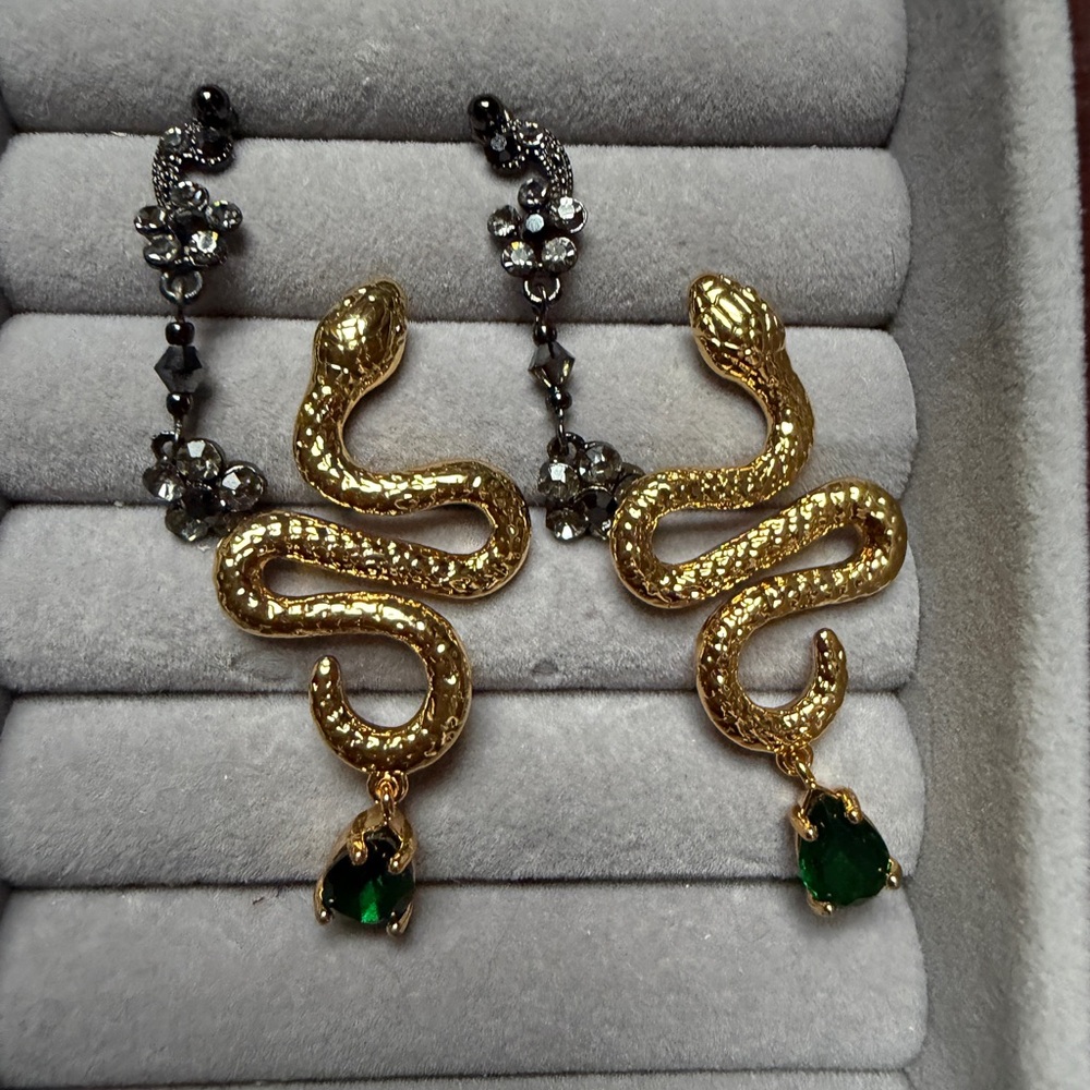 Gold Snake & Black Crystal Earrings